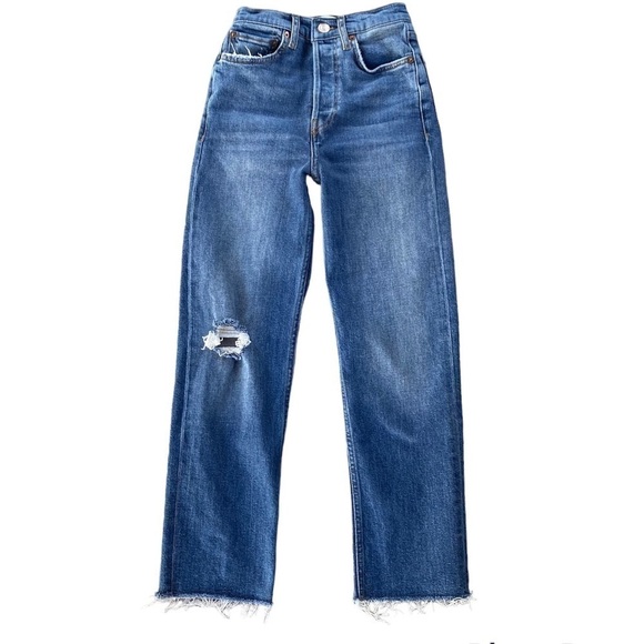 RE/DONE original Ultra High Rise Stove Pipe Vintage Indigo Destroy Jean Size 24 - Picture 10 of 10
